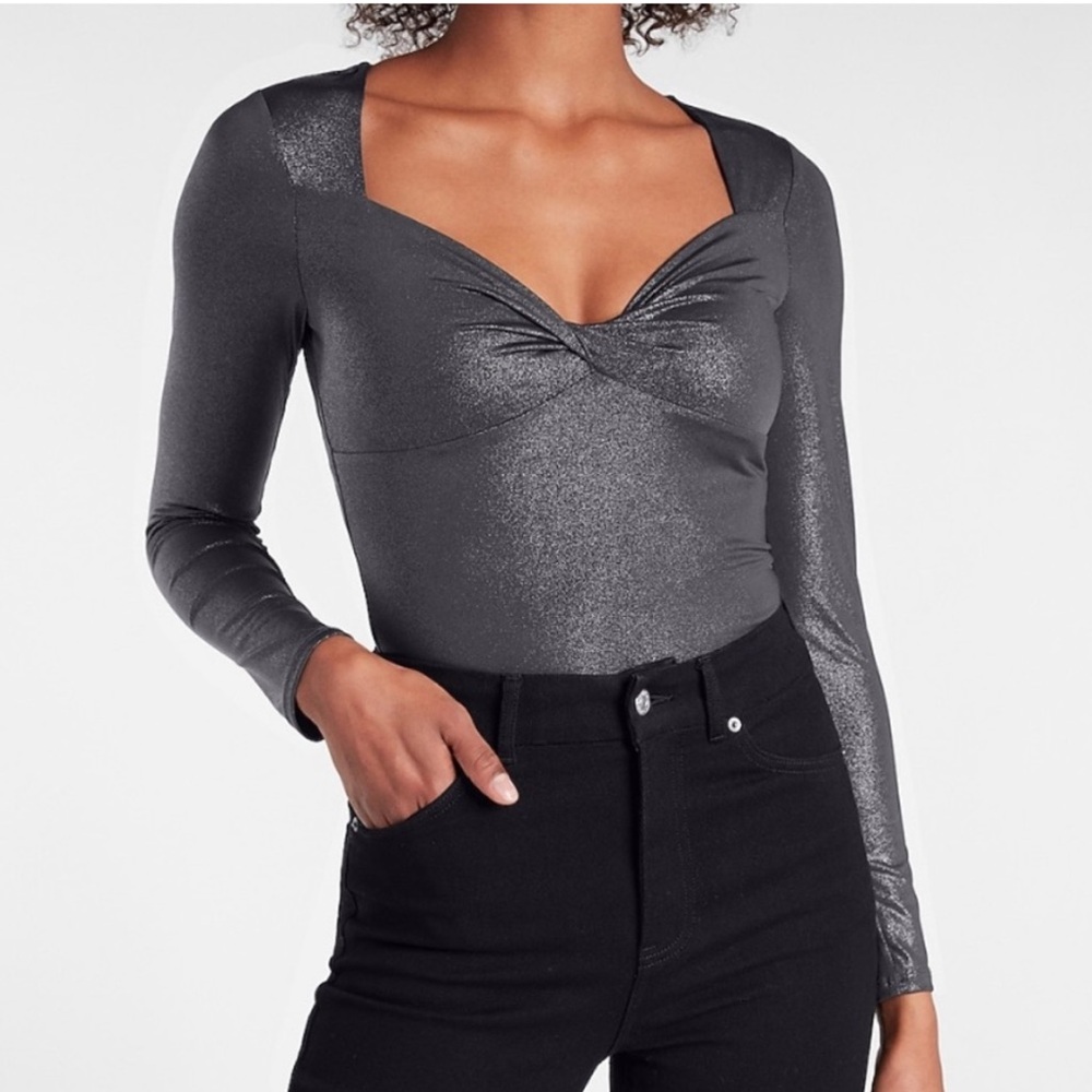Express Metallic Grey Long Sleeve Bodysuit - Size XS